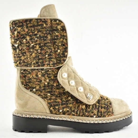 Chanel Citizen Brown Beige Green Tweed CC Chain Pearl Combat Tall Boots 39.5 - Picture 3 of 11